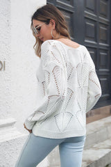 Openwork V-Neck Dropped Shoulder Sweater - Trendsi