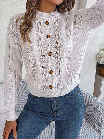 Cable-Knit Buttoned Round Neck Sweater - Trendsi - Flyclothing LLC