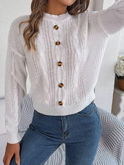 Cable-Knit Buttoned Round Neck Sweater - Trendsi