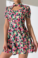 Floral Buttoned Cutout Puff Sleeve Dress - Trendsi