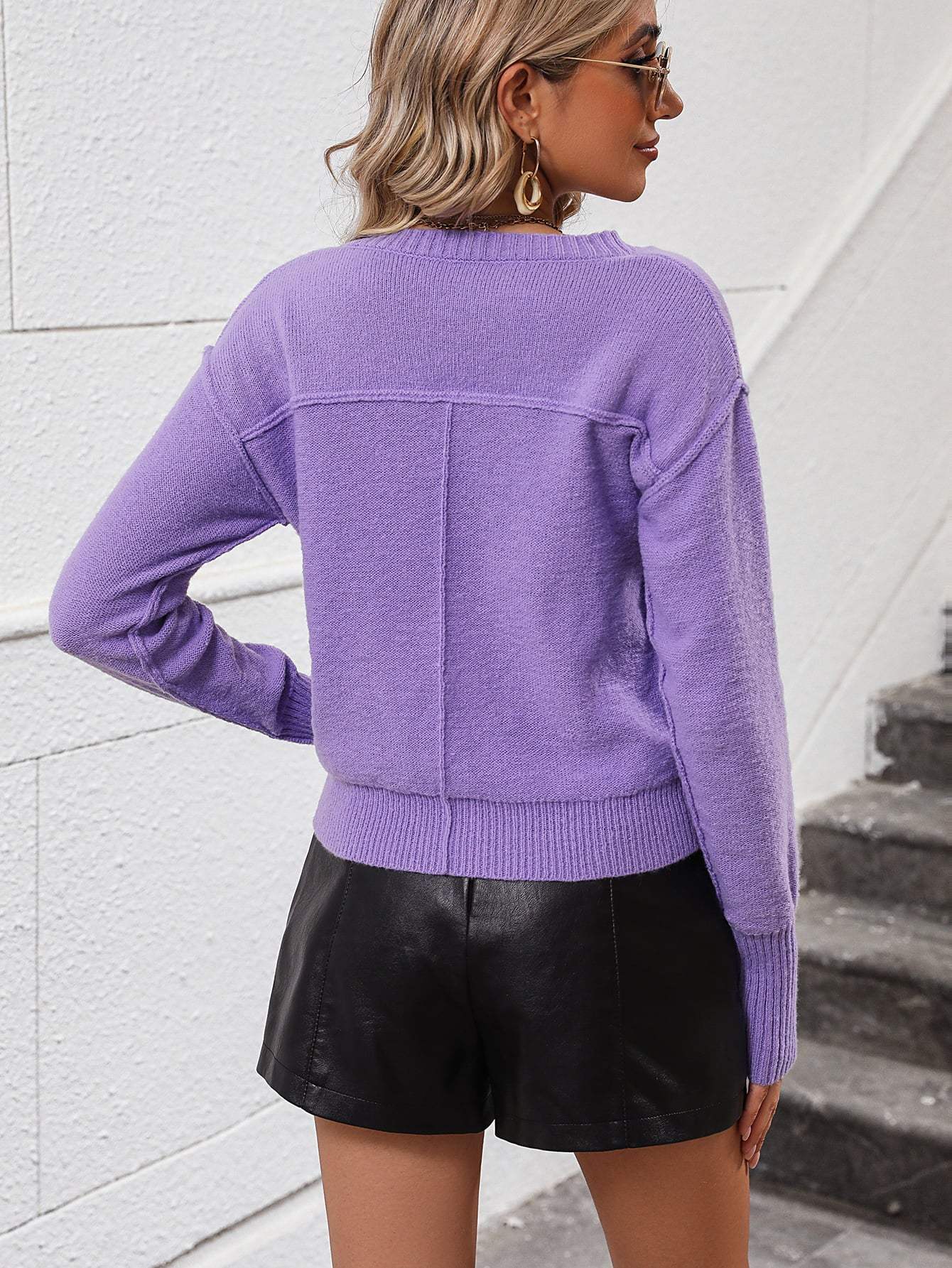 V-Neck Dropped Shoulder Long Sleeve Knit Top - Trendsi - Flyclothing LLC
