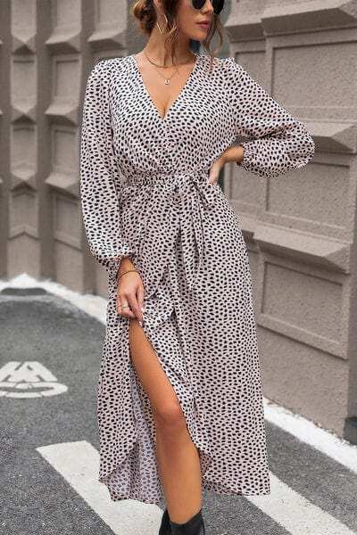 Slit Printed Surplice Balloon Sleeve Dress - Trendsi - Flyclothing LLC