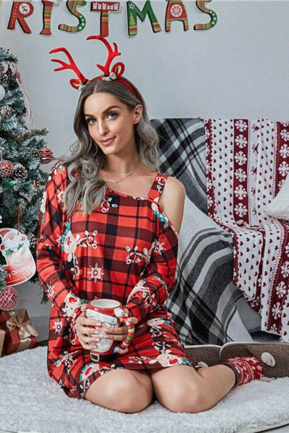 Christmas Asymmetrical Neck Long Sleeve Dress - Trendsi - Flyclothing LLC