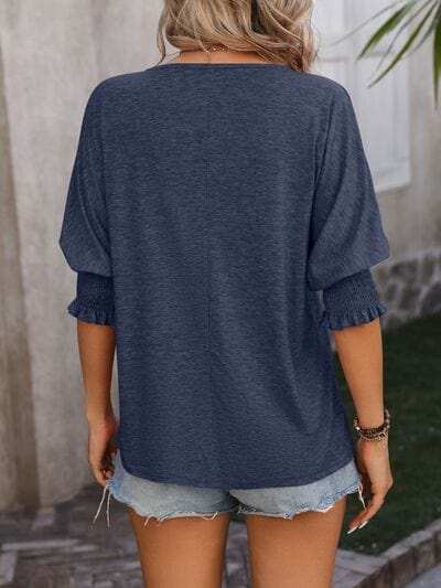Heathered Notched Lantern Sleeve Blouse - Trendsi - Flyclothing LLC