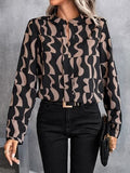 Printed Notched Long Sleeve Blouse - Trendsi
