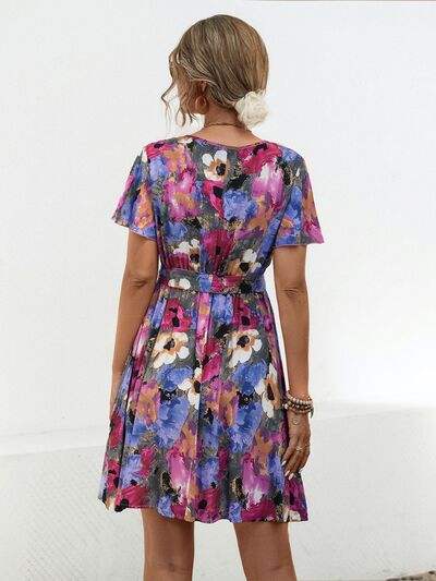 Printed Surplice Tie Waist Mini Dress - Trendsi - Flyclothing LLC