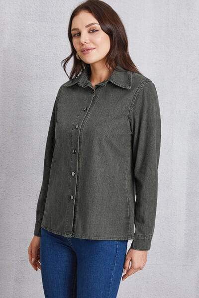 Collared Neck Button Up Denim Top - Trendsi - Flyclothing LLC