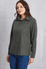 Collared Neck Button Up Denim Top - Trendsi