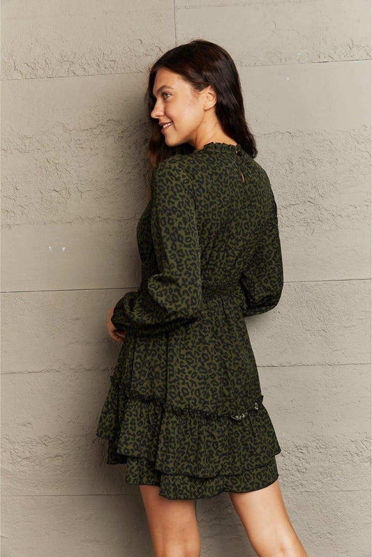 Leopard Smock Waist Long Sleeve Dress - Trendsi - Flyclothing LLC