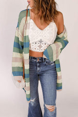 Full Size Striped Long Sleeve Openwork Cardigan - Trendsi - Flyclothing LLC