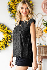 Sequin Round Neck Capped Sleeve Tank - Trendsi