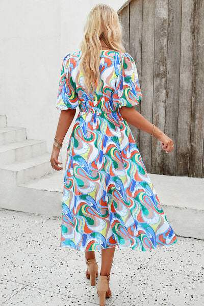 Smocked Printed V-Neck Short Sleeve Dress - Trendsi - Flyclothing LLC