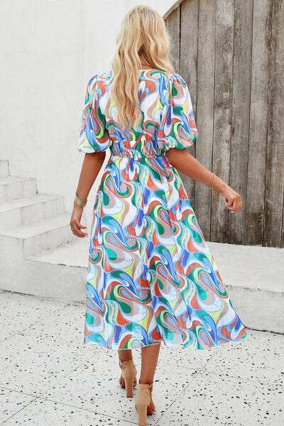 Smocked Printed V-Neck Short Sleeve Dress - Trendsi - Flyclothing LLC