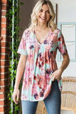 Heimish Full Size Floral V-Neck Short Sleeve Babydoll Blouse - Trendsi - Flyclothing LLC