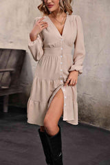 V Neck Button Up Tiered Dress - Trendsi - Flyclothing LLC