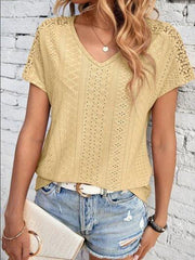 Eyelet V-Neck Short Sleeve T-Shirt - Trendsi