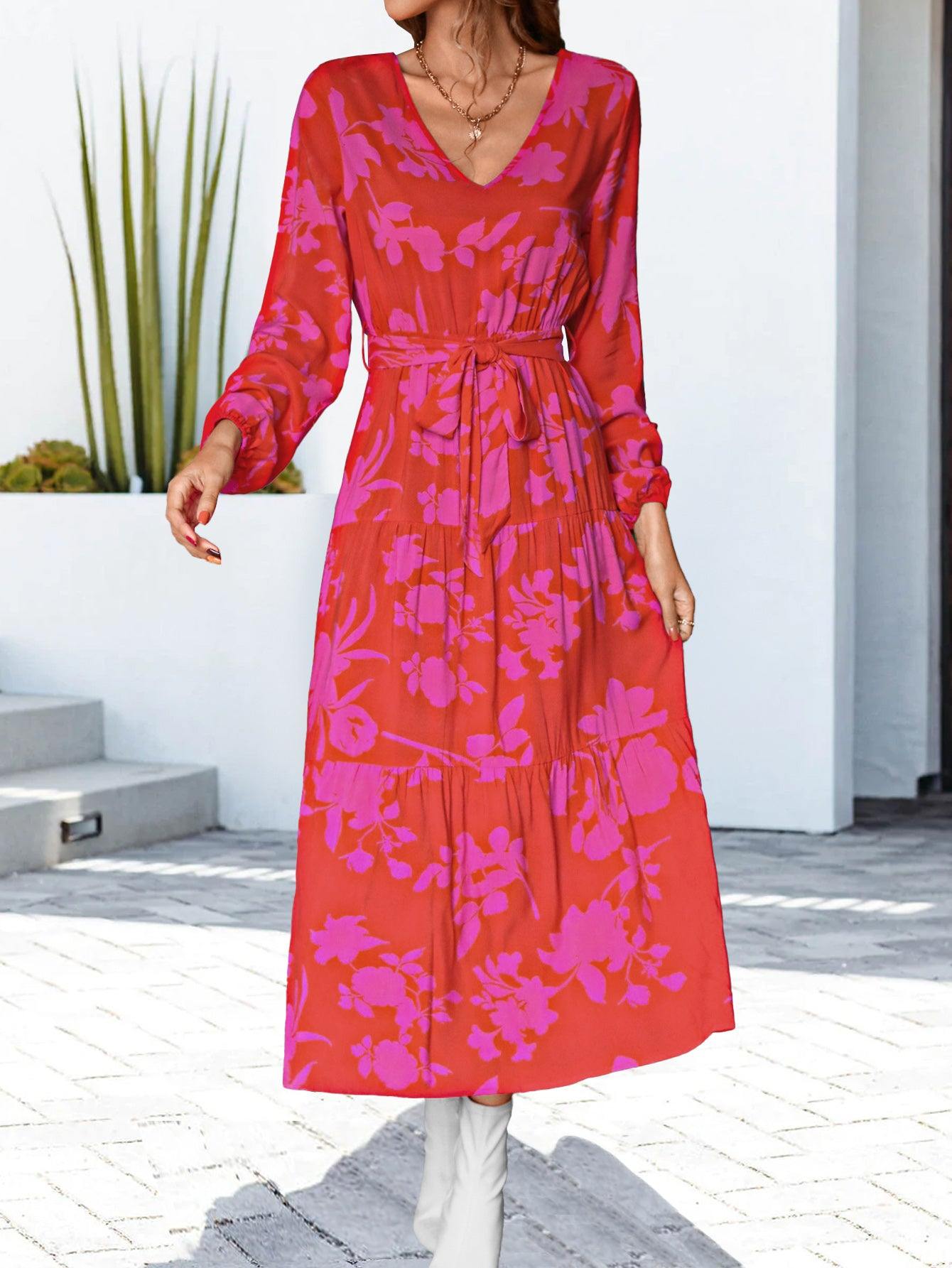 Floral V-Neck Long Sleeve Dress - Trendsi