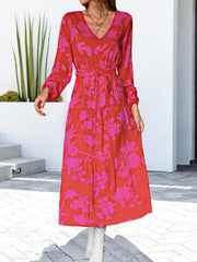 Floral V-Neck Long Sleeve Dress - Trendsi