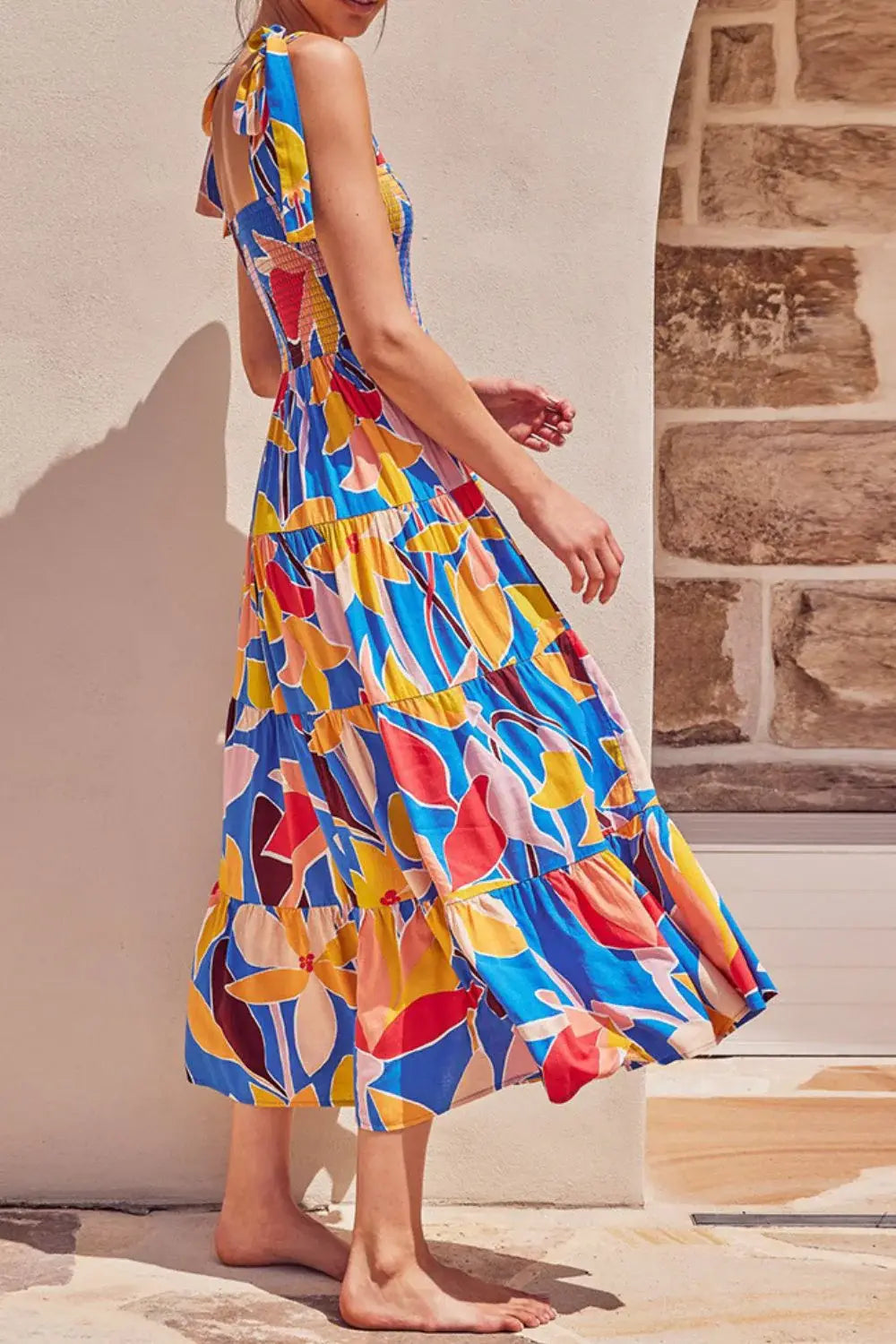 Floral Tie Shoulder Smocked Tiered Dress - Trendsi - Flyclothing LLC