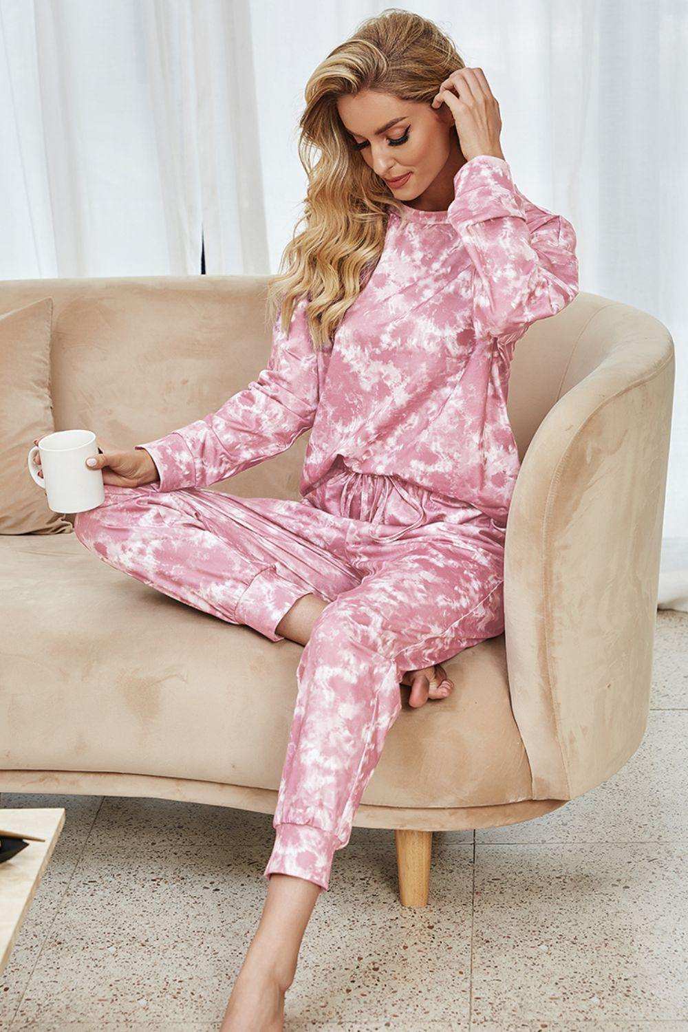 Tie-Dye Long Sleeve Top and Drawstring Joggers Lounge Set - Trendsi - Flyclothing LLC