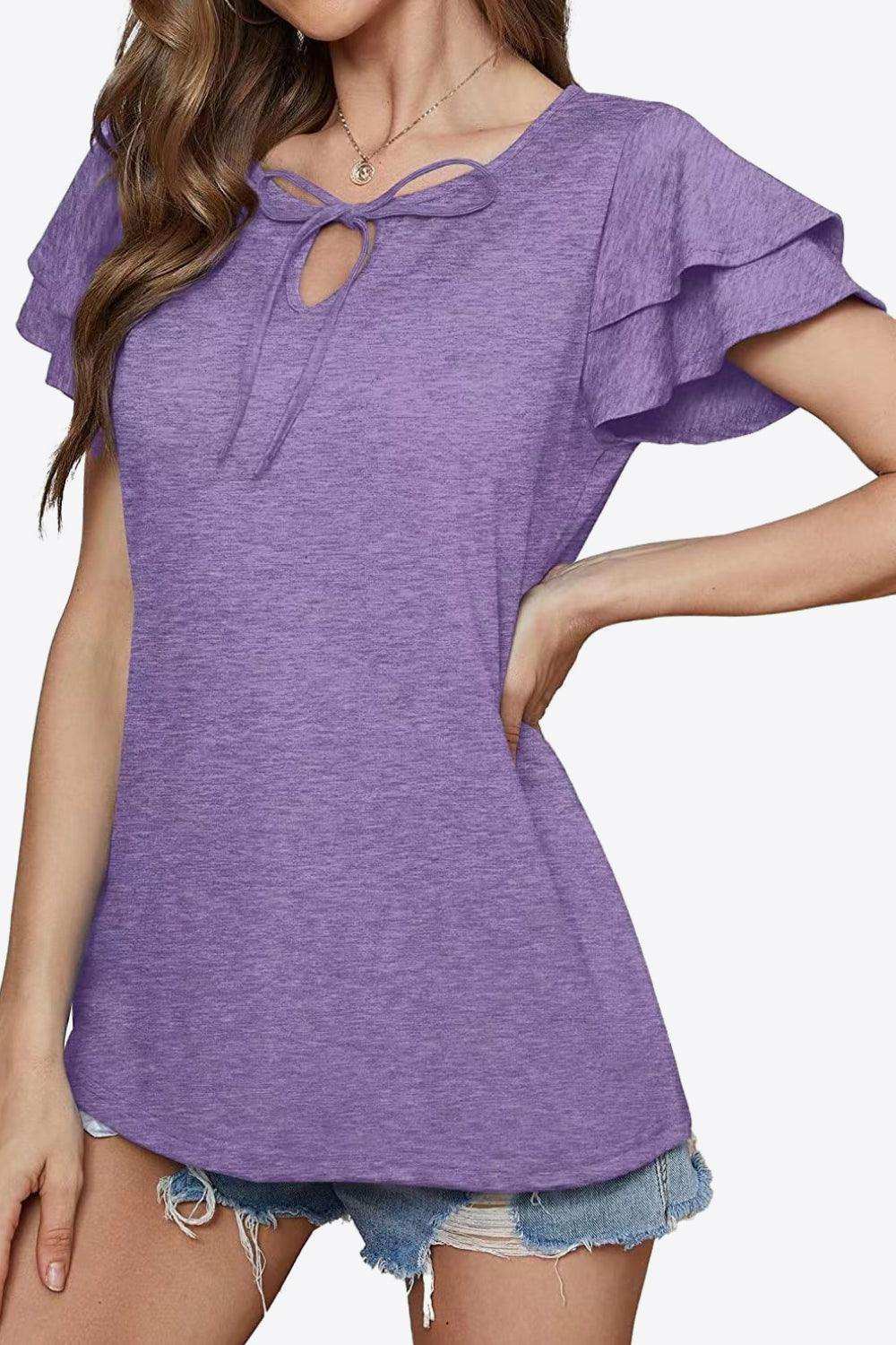 Tie-Neck Layered Flutter Sleeve Blouse - Trendsi - Flyclothing LLC