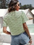 Floral Drawstring Deep V Cropped Blouse - Trendsi - Flyclothing LLC