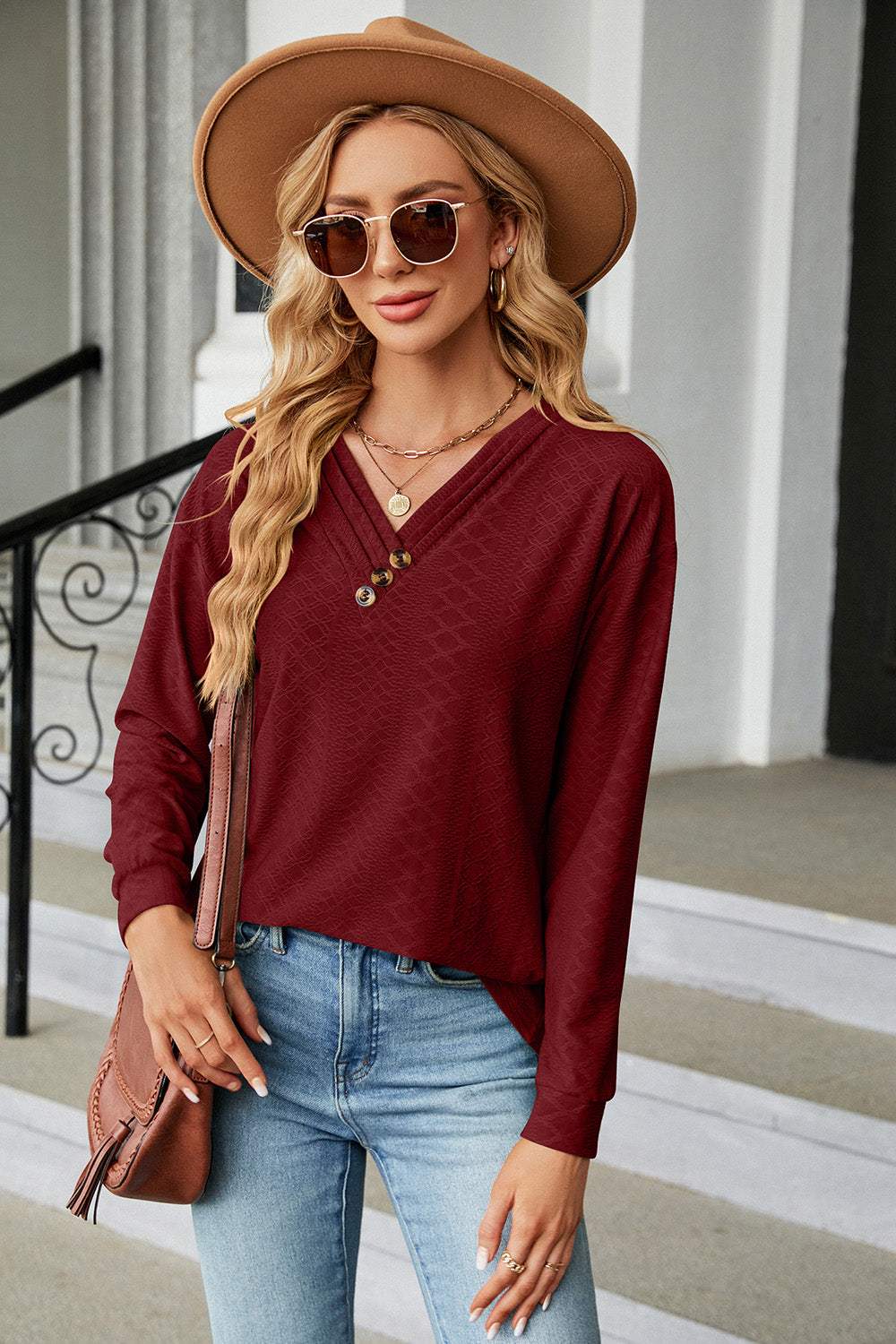 V-Neck Long Sleeve T-Shirt - Trendsi - Flyclothing LLC