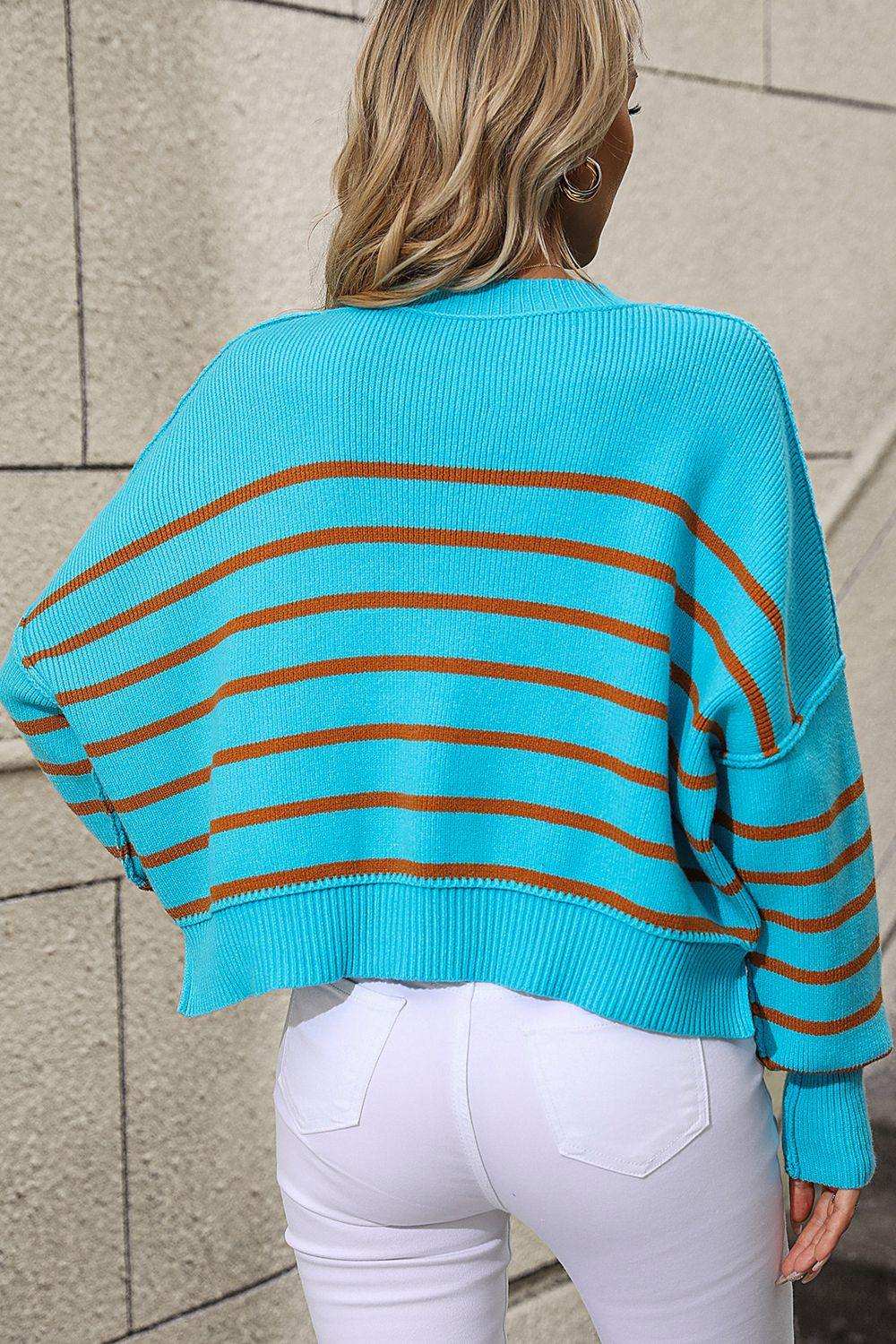 Striped Dropped Shoulder Round Neck Pullover Sweater - Trendsi - Flyclothing LLC