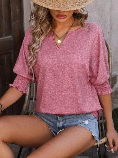 Heathered Notched Lantern Sleeve Blouse - Trendsi - Flyclothing LLC