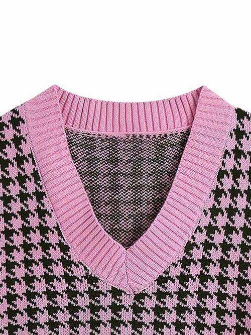Houndstooth V-Neck Sweater Vet - Trendsi - Flyclothing LLC