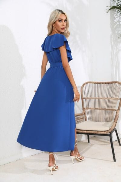 Ruffled Tied V-Neck Midi Dress - Trendsi