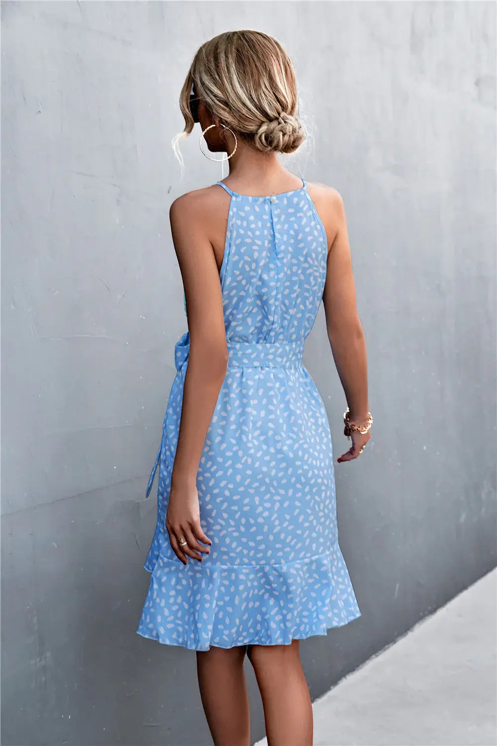 Printed Tie Waist Ruffle Hem Sleeveless Dress - Trendsi - Flyclothing LLC