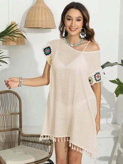Tassel Boat Neck Flutter Sleeve Cover Up - Trendsi - Flyclothing LLC