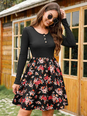 Floral Buttoned Long Sleeve Dress - Trendsi