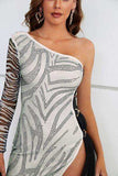 Zebra Print Rhinestone Slit Single Shoulder Dress - Trendsi - Flyclothing LLC