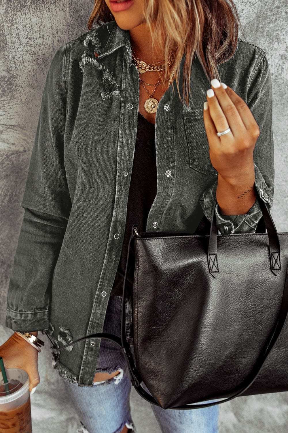 Distressed Raw Hem Snap Down Denim Jacket - Trendsi - Flyclothing LLC