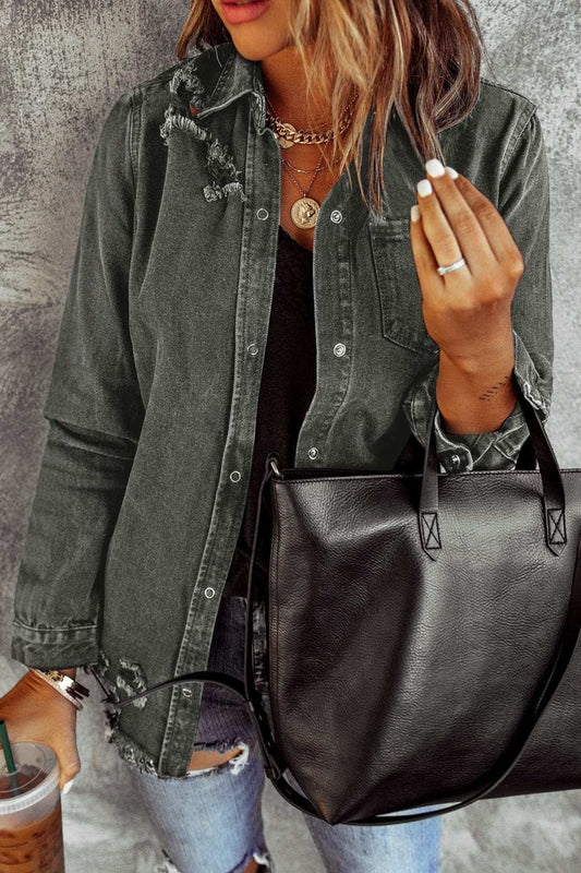 Distressed Raw Hem Snap Down Denim Jacket - Trendsi - Flyclothing LLC