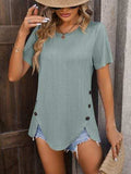 Decorative Button Round Neck Short Sleeve Blouse - Trendsi - Flyclothing LLC