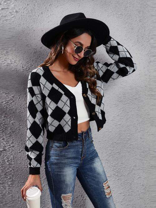 Geometric Button Up Long Sleeve Cardigan - Trendsi - Flyclothing LLC
