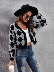 Geometric Button Up Long Sleeve Cardigan - Trendsi