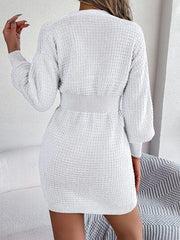 Buttoned Cable-Knit V-Neck Sweater Dress - Trendsi