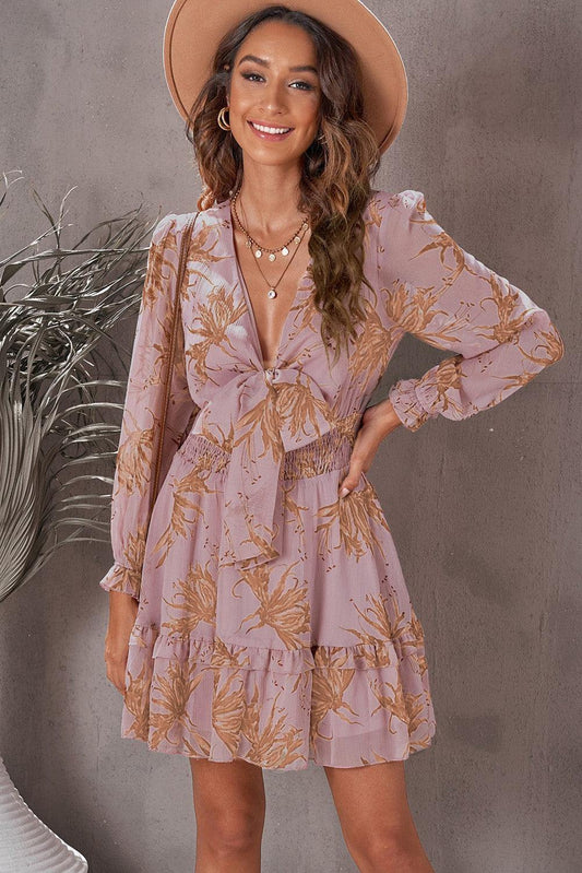 Floral Deep V Flounce Sleeve Mini Dress - Trendsi