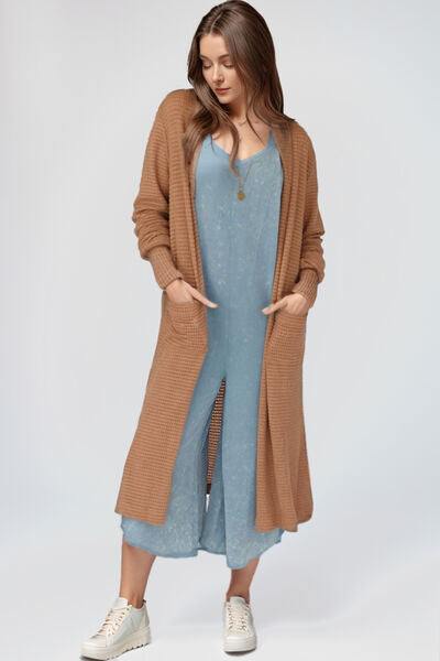 Open Front Long Sleeve Longline Slit Cardigan - Trendsi
