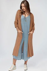 Open Front Long Sleeve Longline Slit Cardigan - Trendsi