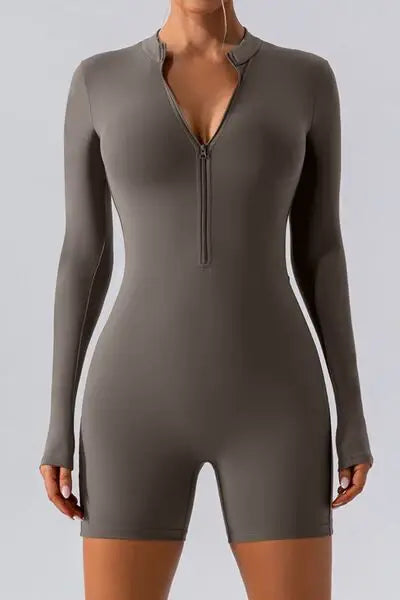 Half Zip Long Sleeve Active Romper - Trendsi - Flyclothing LLC