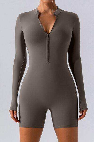 Half Zip Long Sleeve Active Romper - Trendsi - Flyclothing LLC