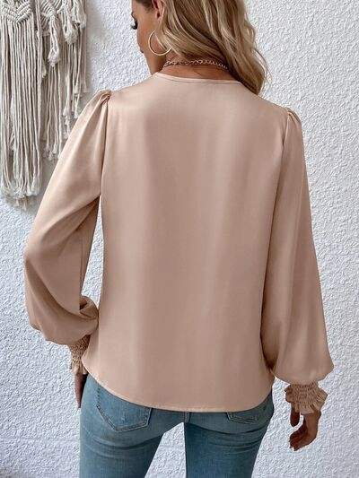 Surplice Smocked Lantern Sleeve Blouse - Trendsi - Flyclothing LLC