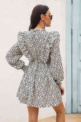 Printed Ruffle Trim Smocked Long Sleeve Mini Dress - Trendsi - Flyclothing LLC