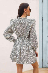 Printed Ruffle Trim Smocked Long Sleeve Mini Dress - Trendsi
