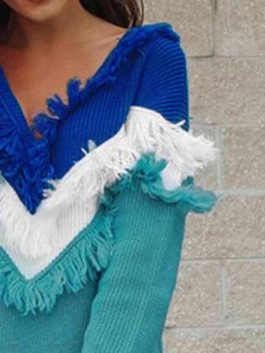 Color Block Fringed V-Neck Sweater - Trendsi